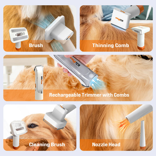 3 in 1 Pet Vacuum, Pet Dryer Kit & Pet Grooming — 6-Combs, 5-Heads, UV Sterilization, 2L Tank, Rechargeable Hair Trimmer, Hot Wind, Suction 99.9% Pet Hair