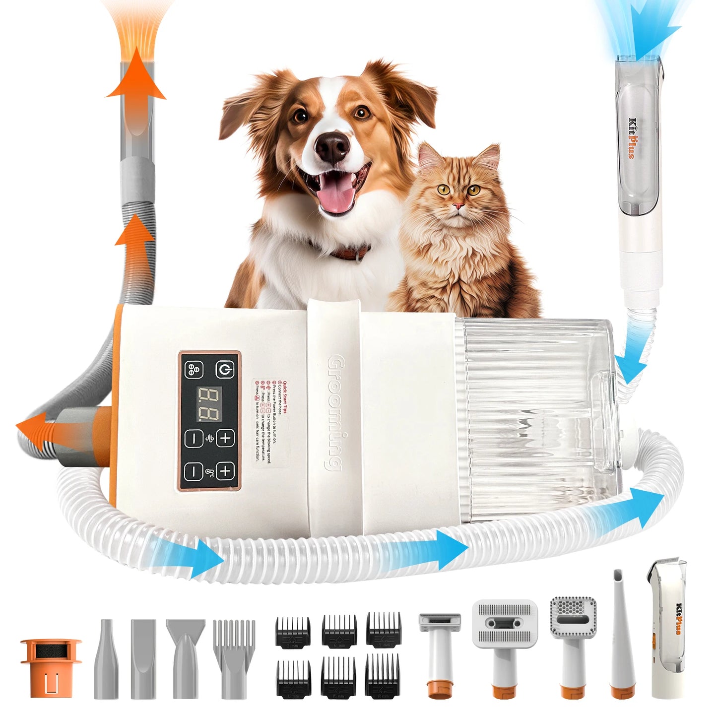KITPLUS 3-in-1 Drying & Vacuum & Dog Grooming, Rechargeable Hair Trimmer, Hot Wind, Suction 99.9% Pet Hair, 2L Large Capacity