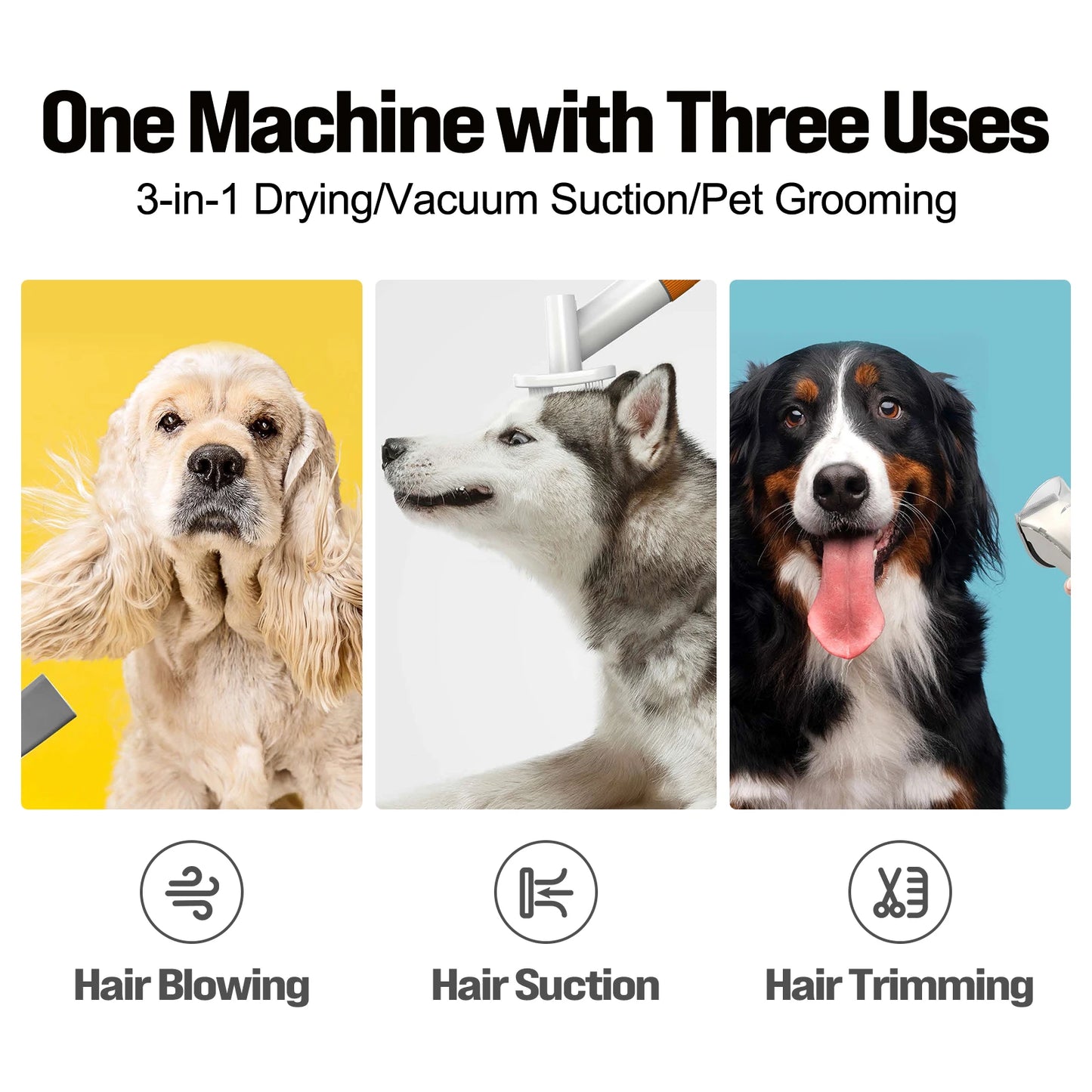 KITPLUS 3-in-1 Drying & Vacuum & Dog Grooming, Rechargeable Hair Trimmer, Hot Wind, Suction 99.9% Pet Hair, 2L Large Capacity