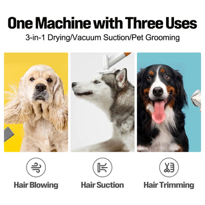 KITPLUS 3-in-1 Drying & Vacuum & Dog Grooming, Rechargeable Hair Trimmer, Hot Wind, Suction 99.9% Pet Hair, 2L Large Capacity