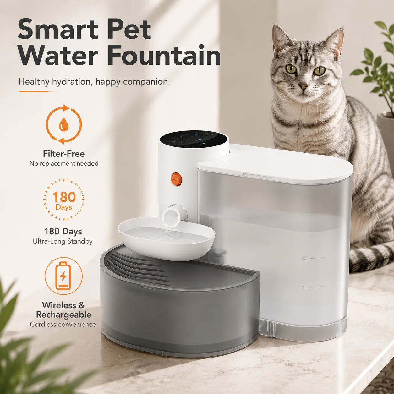 3L Smart Wireless Cat Water Fountain, No Replacement Filter, Clean & Dirty Water Separation, Automatic Pet Water Dispenser, Rechargeable Battery Operated,Ultra Long Battery Life