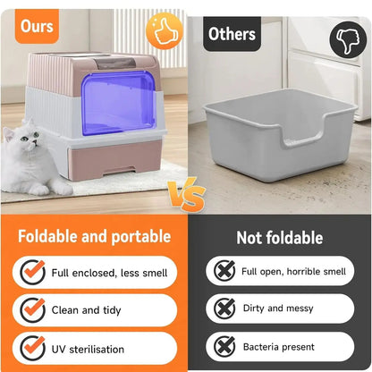 UV Sterilization Cat Litter Box Spacious Enclosed Design with Odor Control Automatic UV Lamp and Easy-Clean Drawer,Pink/Grey
