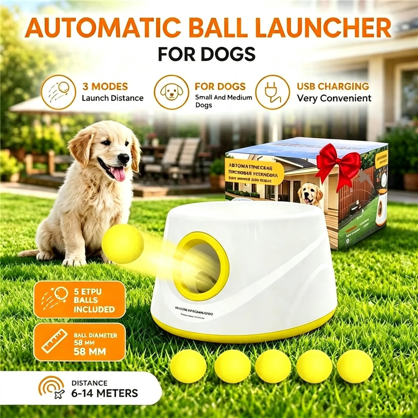 Next-Gen Automatic Dog Ball Launcher, Interactive Dog Tennis Ball Thrower With 5 ETPU Balls-Non-Toxic, Interactive Dog Toy