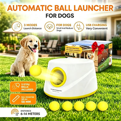 Next-Gen Automatic Dog Ball Launcher, Interactive Dog Tennis Ball Thrower With 5 ETPU Balls-Non-Toxic, Interactive Dog Toy
