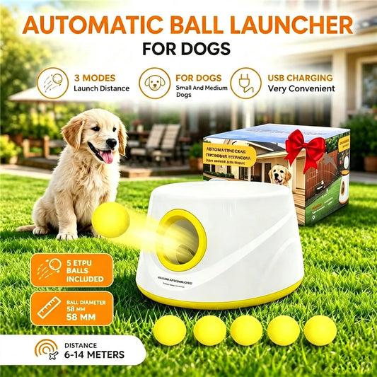 Automatic Dog Ball Launcher — Interactive pet toy, 5 ETPU Balls Included, Non-Toxic pet balls, Interactive Dog Toy