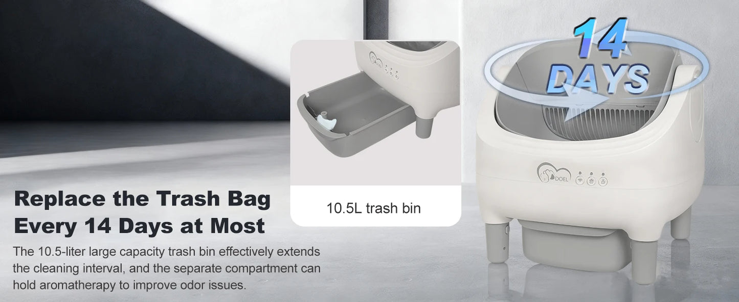 DOEL Open-Top Self-Cleaning Cat Litter Box, Smart App Remote Control, Only Supports 2.4G WiFi, Automatic Cat Toilet, Wide Entrance Design, Suitable for Tofu Litter & Mixed Litter, Safety Sensor for Multi Adult Cats