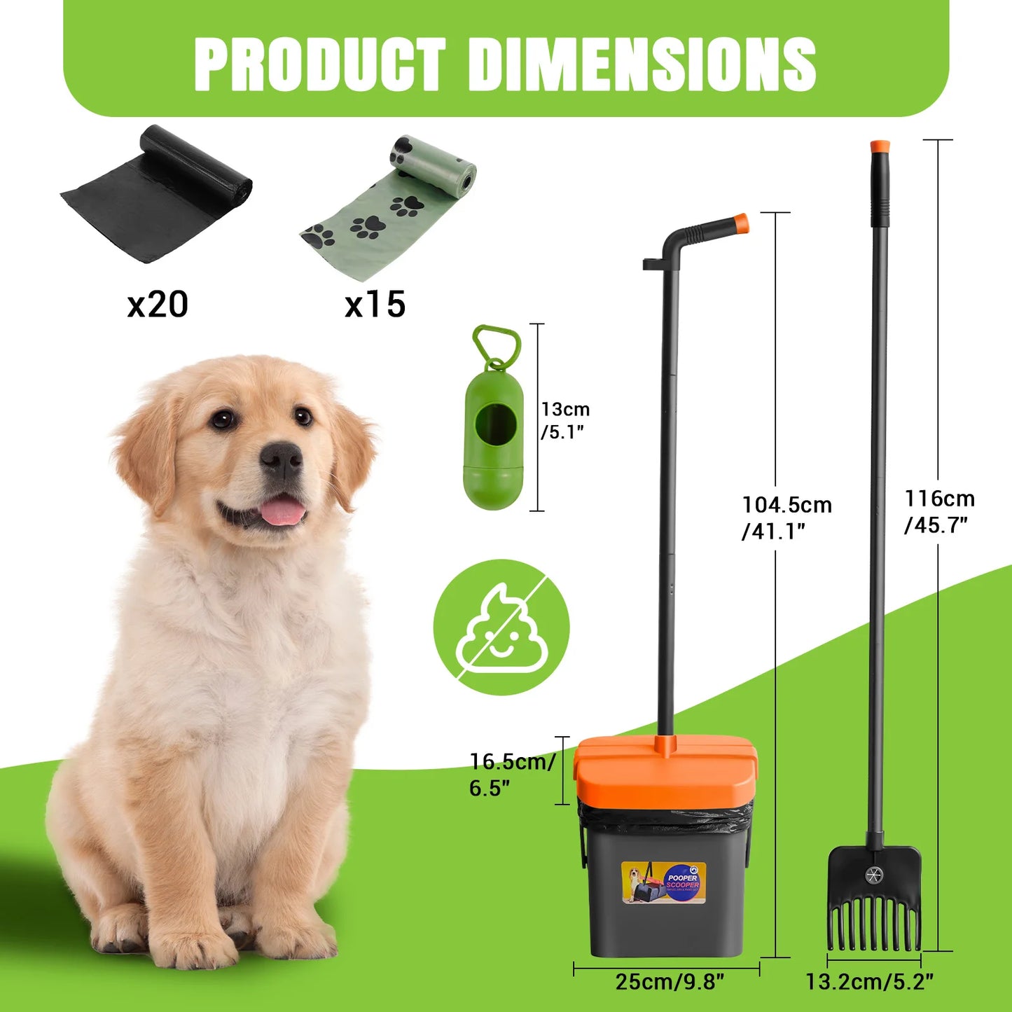 Adjustable Long Handled Pooper Scooper, Swivel Bin & Rake Kit, Portable Dog Cat Poop Picker Upper with 35 Waste Bags for Lawn