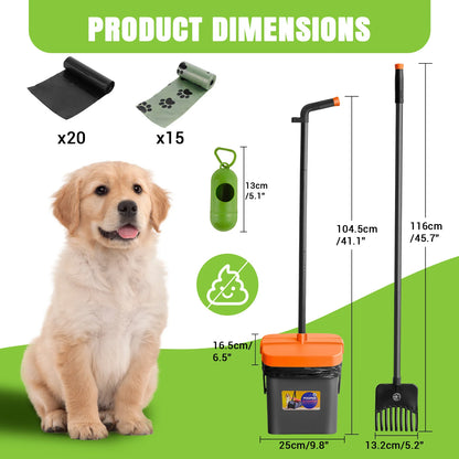 Adjustable Long Handled Pooper Scooper, Swivel Bin & Rake Kit, Portable Dog Cat Poop Picker Upper with 35 Waste Bags for Lawn