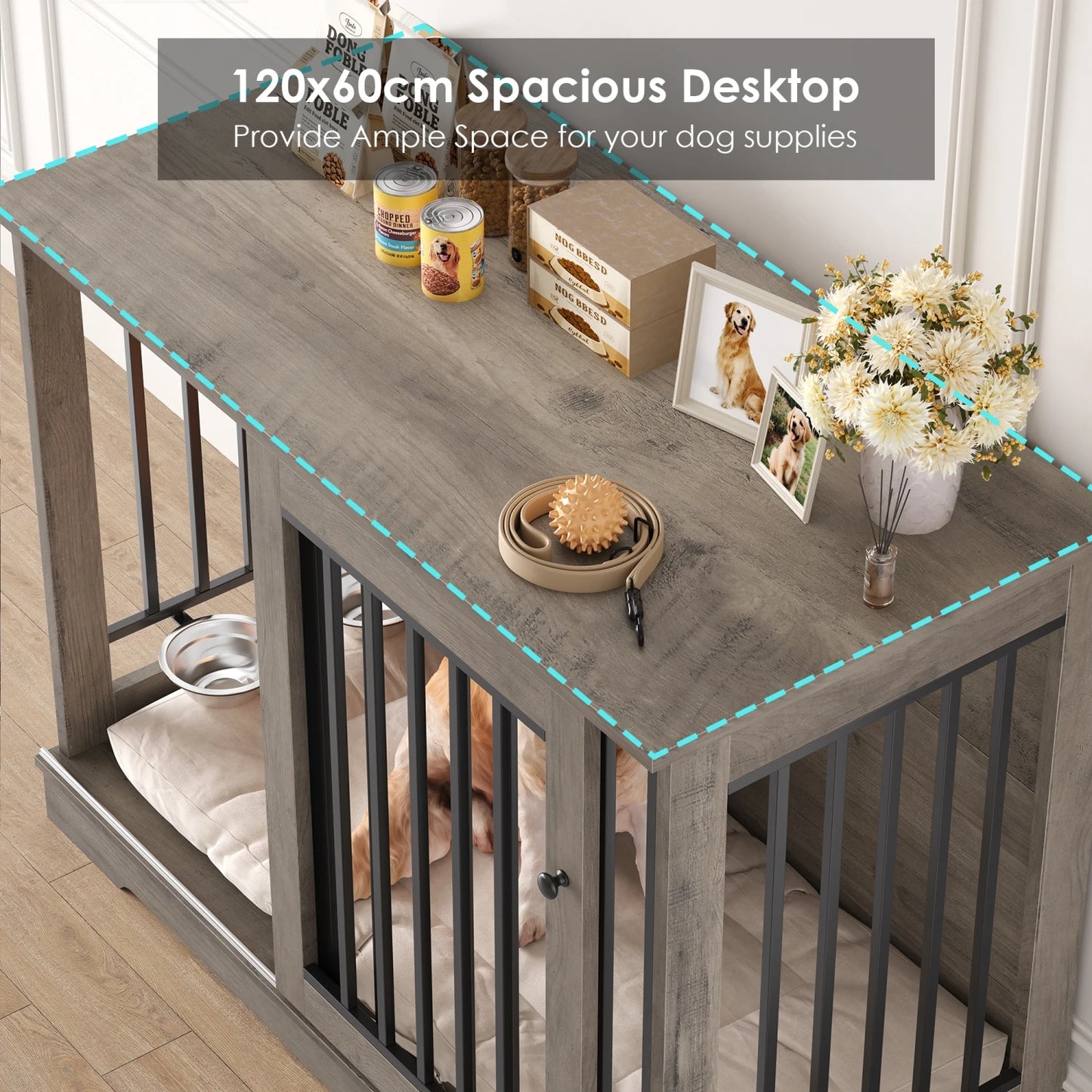 Getone dog cage, dog box for home 120 cm, dog cage XXL for home large dogs, made of metal wood 120x60x90cm White/Brown