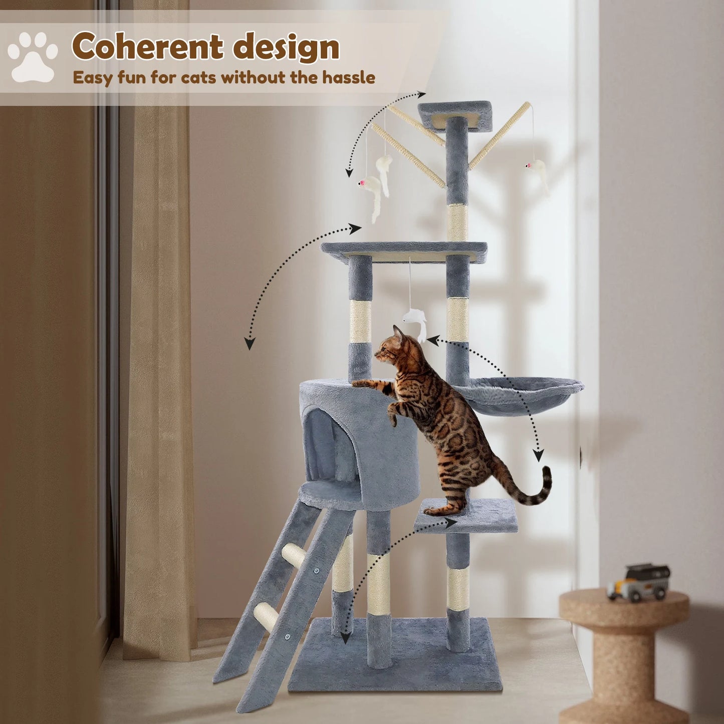 Multi-level cat climbing tower, 40/80/150 cm cat tree and climbing tower, featuring scratching panels, a felt cave and a resting area; indoor/outdoor activity centre for cats