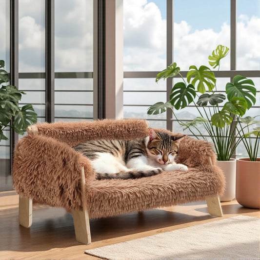 Raised Plush Cat Sofa Bed with Wooden Legs — Washable Kitten Couch, 2-Colours