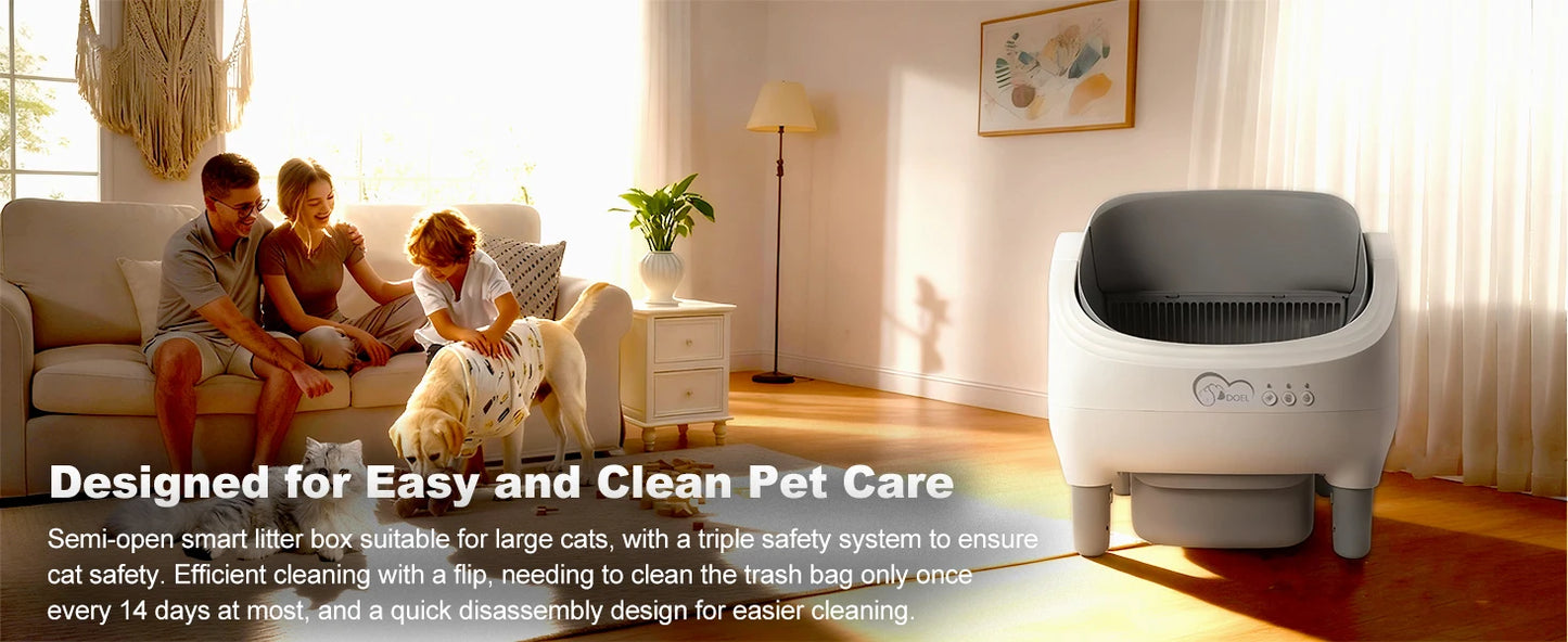 DOEL Open-Top Self-Cleaning Cat Litter Box, Smart App Remote Control, Only Supports 2.4G WiFi, Automatic Cat Toilet, Wide Entrance Design, Suitable for Tofu Litter & Mixed Litter, Safety Sensor for Multi Adult Cats