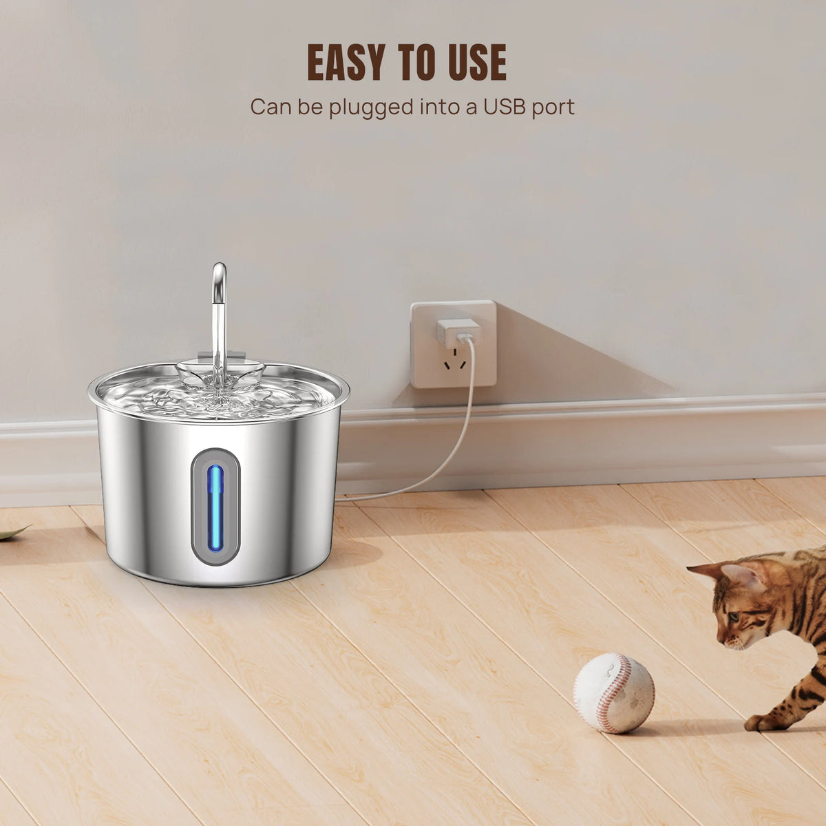 Cat Fountain Stainless Steel — LED, Multi Filter, 2.2L, Cat Water Fountain