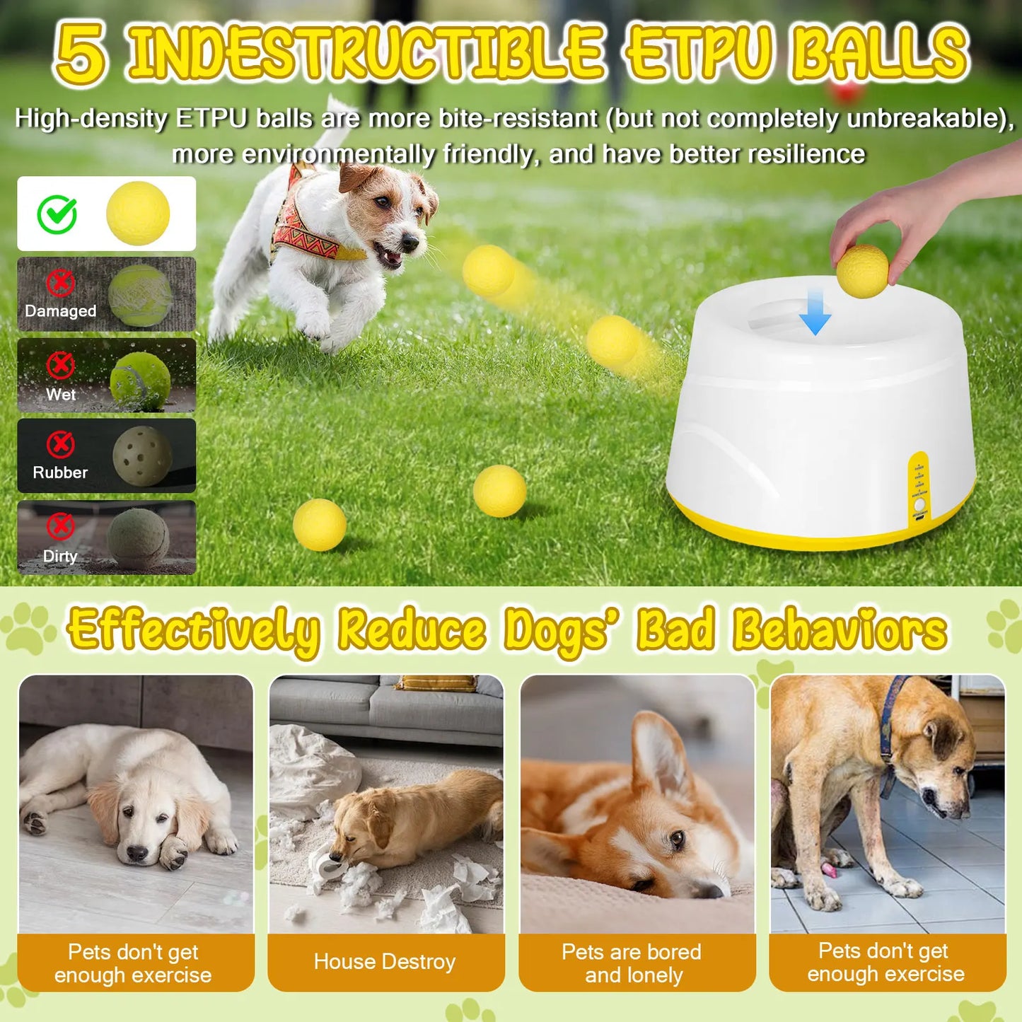 Next-Gen Automatic Dog Ball Launcher, Interactive Dog Tennis Ball Thrower With 5 ETPU Balls-Non-Toxic, Interactive Dog Toy