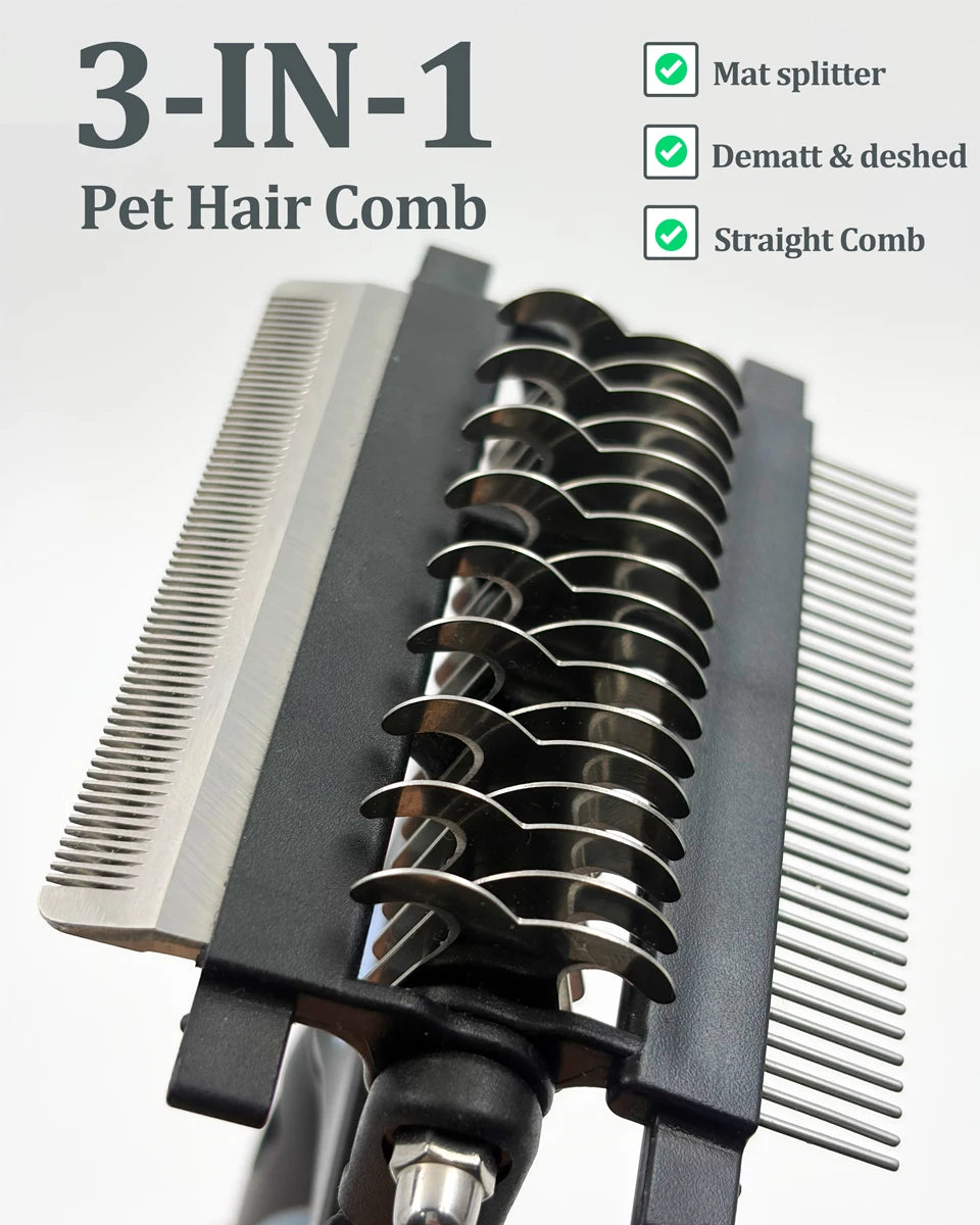 3 in 1 Pet Grooming Hair Brush Dog Deshedding Remover Double Sided Shedding Comb with Stainless Steel Teeth Fur Knot Cutter