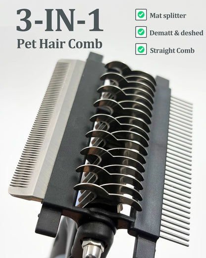 3 in 1 Pet Grooming Hair Brush Dog Deshedding Remover Double Sided Shedding Comb with Stainless Steel Teeth Fur Knot Cutter