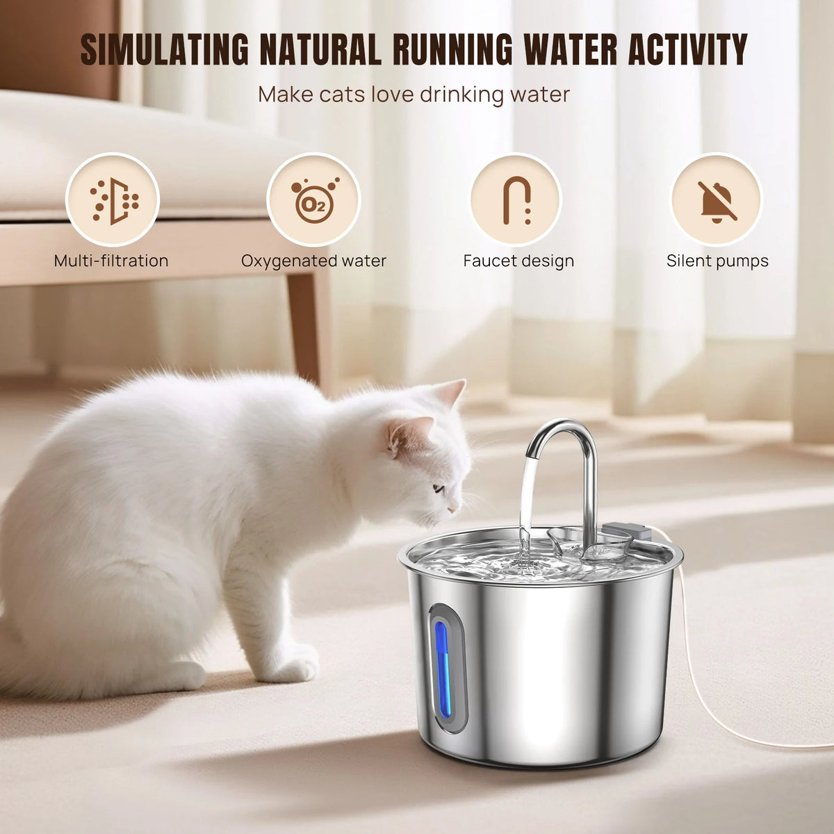 Cat Fountain Stainless Steel — LED, Multi Filter, 2.2L, Cat Water Fountain