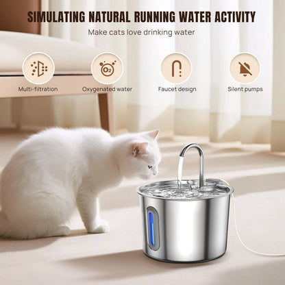 Cat Fountain Stainless Steel — LED, Multi Filter, 2.2L, Cat Water Fountain