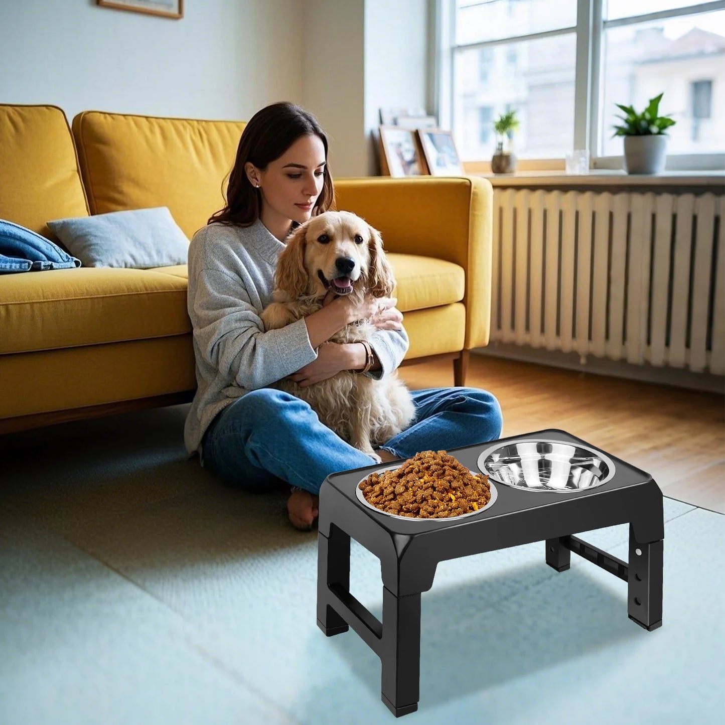 Elevated Dog Feeder Bowls Adjustable Raised Stand with Double Stainless Steel Food Water Bowls Small Medium Large Dogs