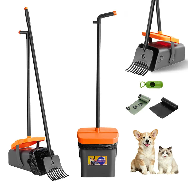 Adjustable Long Handled Pooper Scooper, Swivel Bin & Rake Kit, Portable Dog Cat Poop Picker Upper with 35 Waste Bags for Lawn