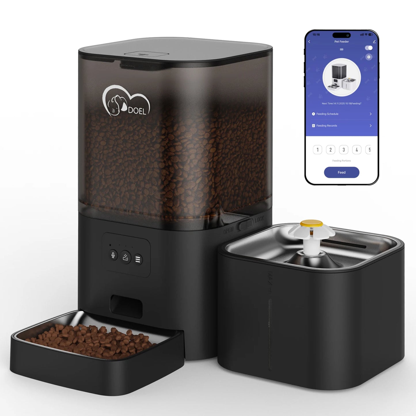 DOEL 2-in-1 Smart Cat Feeder 6L Dry Feeder & 2.5L Cat Water Fountain w/ App Control Timed Feeding For Small Dogs Food Dispenser