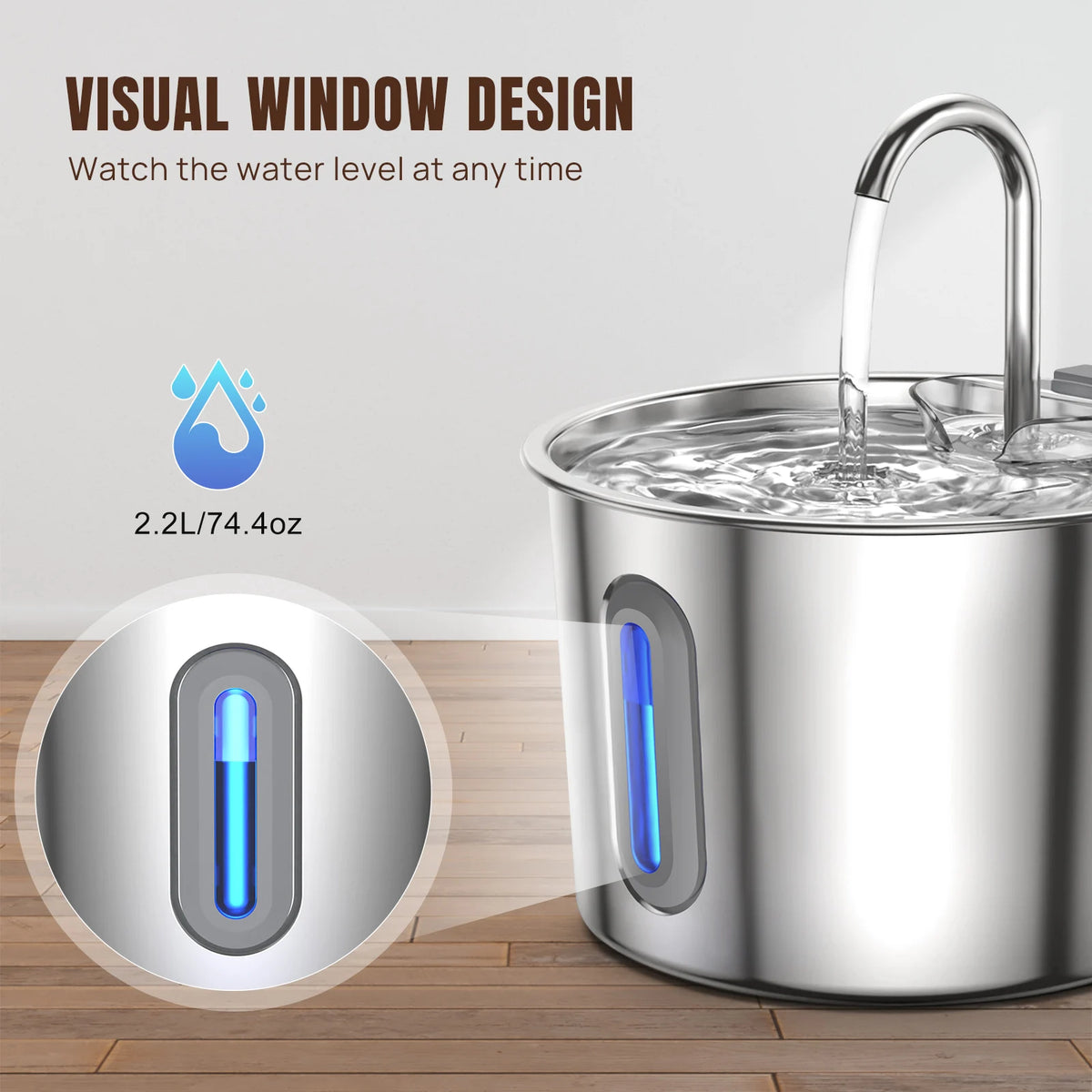 Cat Fountain Stainless Steel — LED, Multi Filter, 2.2L, Cat Water Fountain