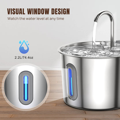 Cat Fountain Stainless Steel — LED, Multi Filter, 2.2L, Cat Water Fountain