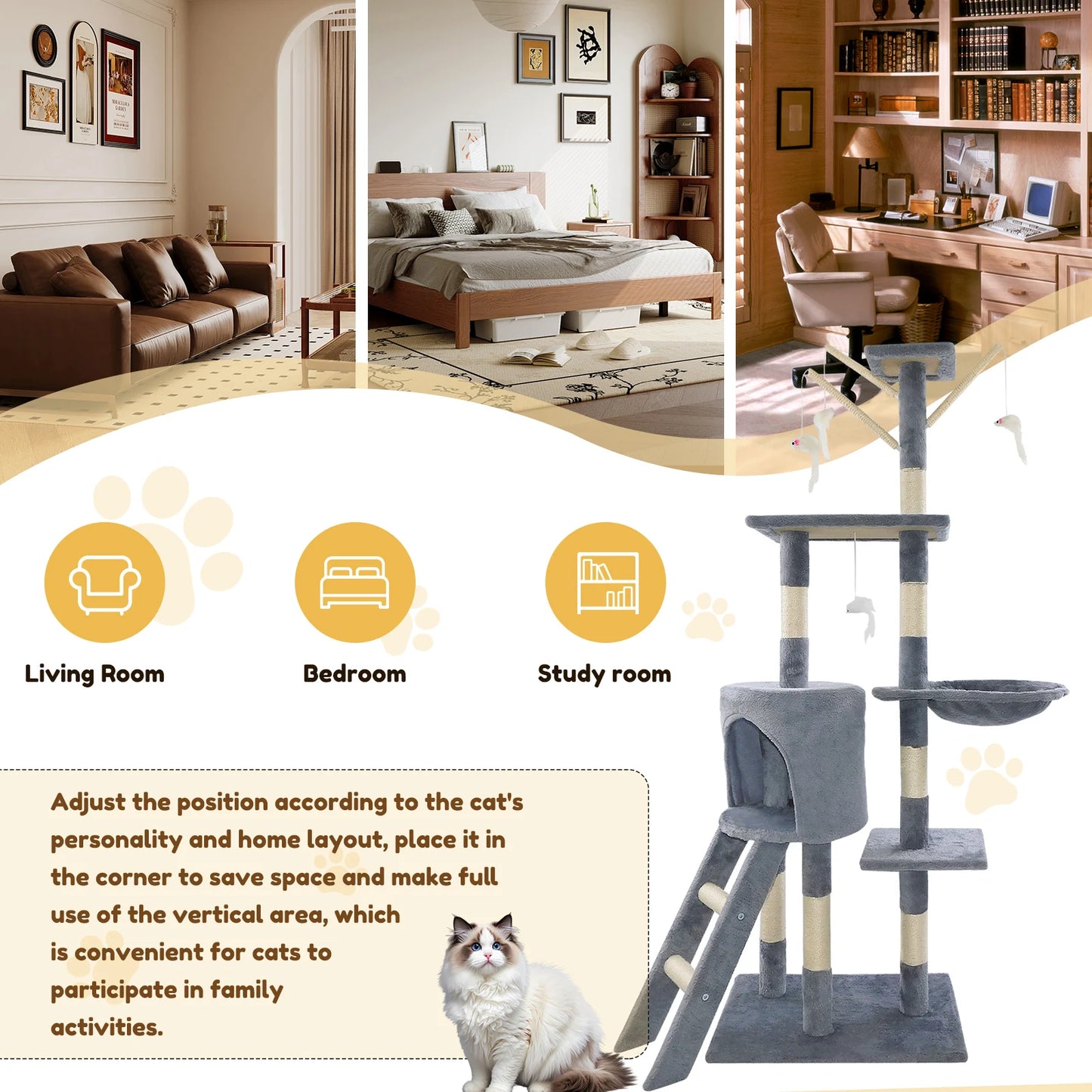 Multi-level cat climbing tower, 40/80/150 cm cat tree and climbing tower, featuring scratching panels, a felt cave and a resting area; indoor/outdoor activity centre for cats