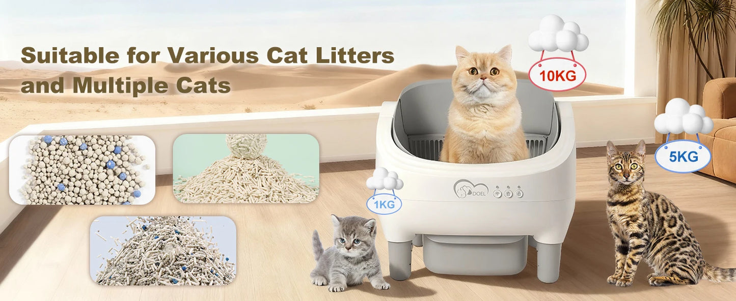 DOEL Open-Top Self-Cleaning Cat Litter Box, Smart App Remote Control, Only Supports 2.4G WiFi, Automatic Cat Toilet, Wide Entrance Design, Suitable for Tofu Litter & Mixed Litter, Safety Sensor for Multi Adult Cats