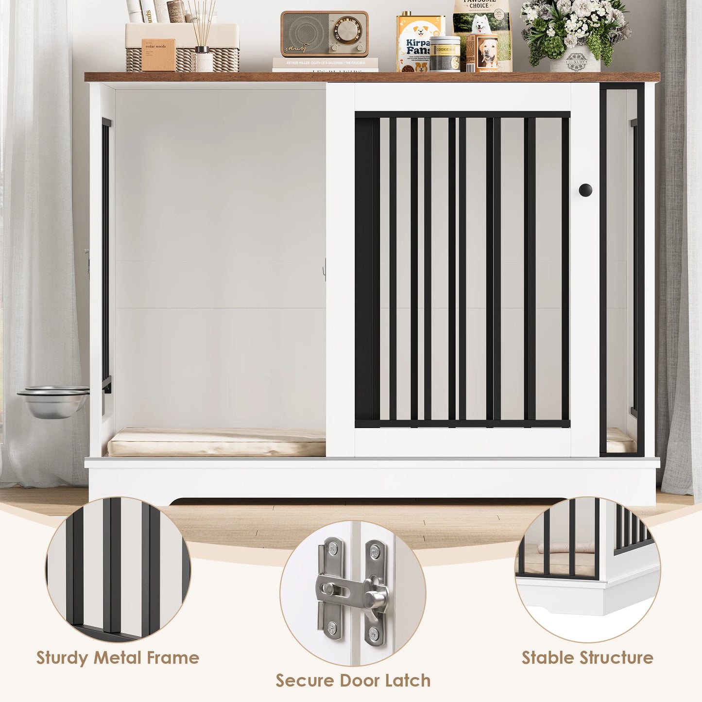 Getone dog cage, dog box for home 120 cm, dog cage XXL for home large dogs, made of metal wood 120x60x90cm White/Brown
