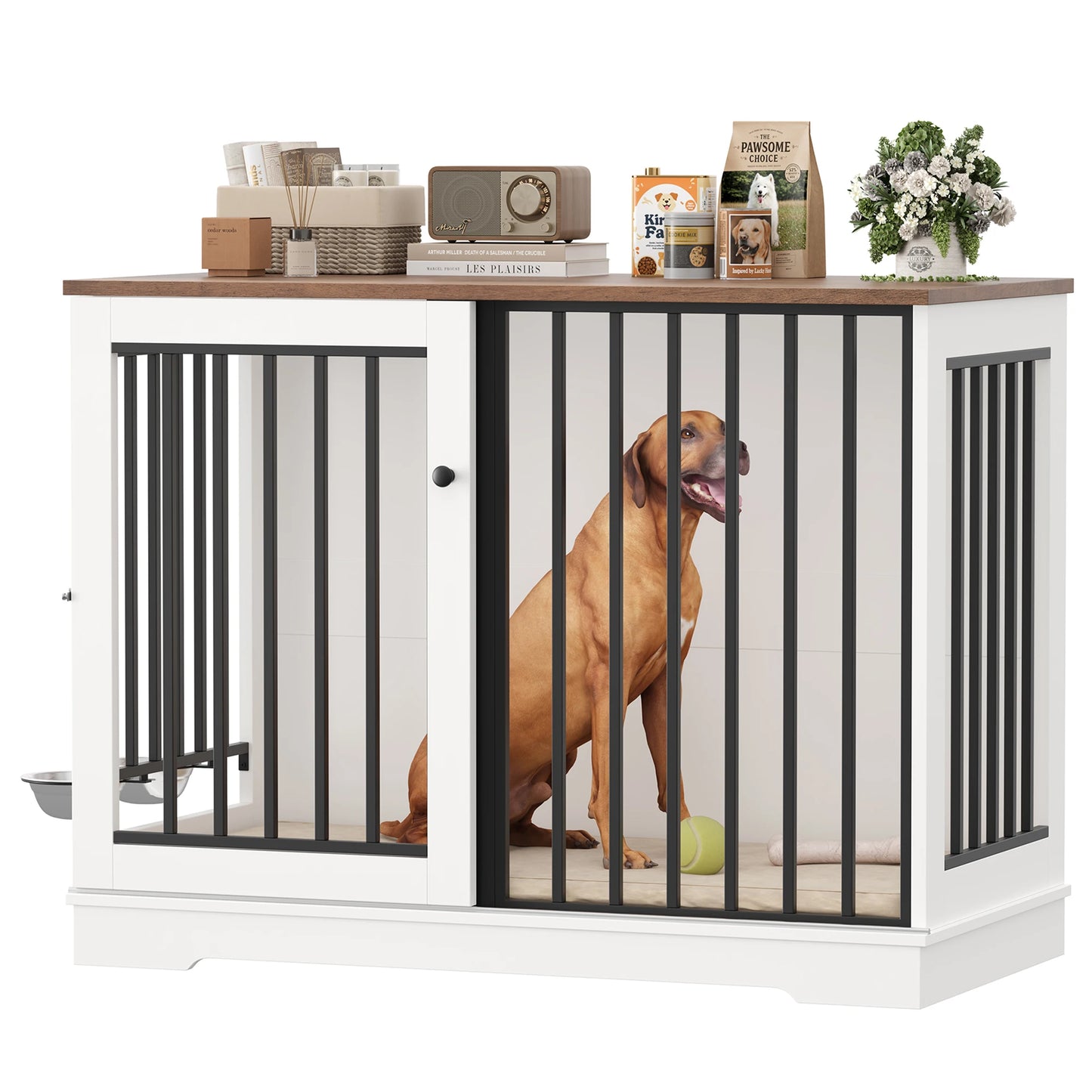 Getone dog cage, dog box for home 120 cm, dog cage XXL for home large dogs, made of metal wood 120x60x90cm White/Brown