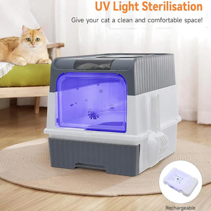 UV Sterilization Cat Litter Box Spacious Enclosed Design with Odor Control Automatic UV Lamp and Easy-Clean Drawer,Pink/Grey