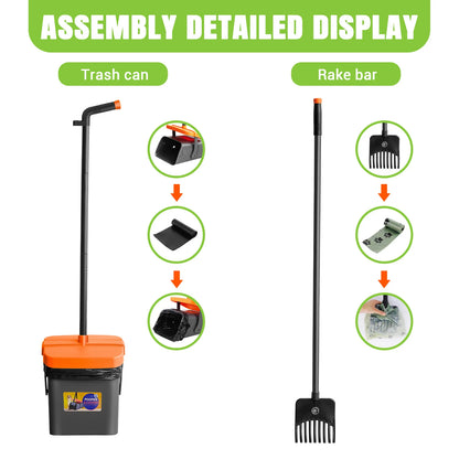 Adjustable Long Handled Pooper Scooper, Swivel Bin & Rake Kit, Portable Dog Cat Poop Picker Upper with 35 Waste Bags for Lawn