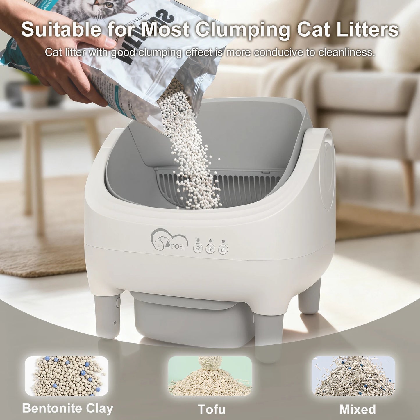 DOEL Open-Top Self-Cleaning Cat Litter Box, Smart App Remote Control, Only Supports 2.4G WiFi, Automatic Cat Toilet, Wide Entrance Design, Suitable for Tofu Litter & Mixed Litter, Safety Sensor for Multi Adult Cats