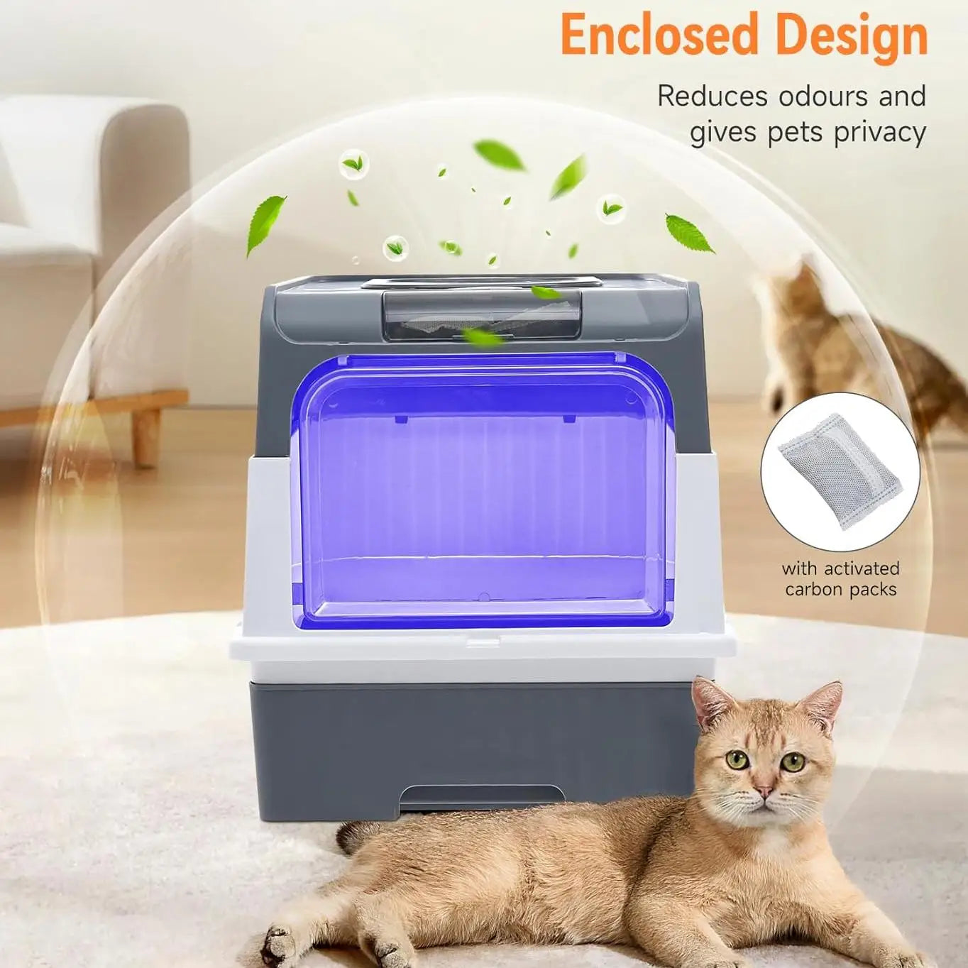UV Sterilization Cat Litter Box Spacious Enclosed Design with Odor Control Automatic UV Lamp and Easy-Clean Drawer,Pink/Grey