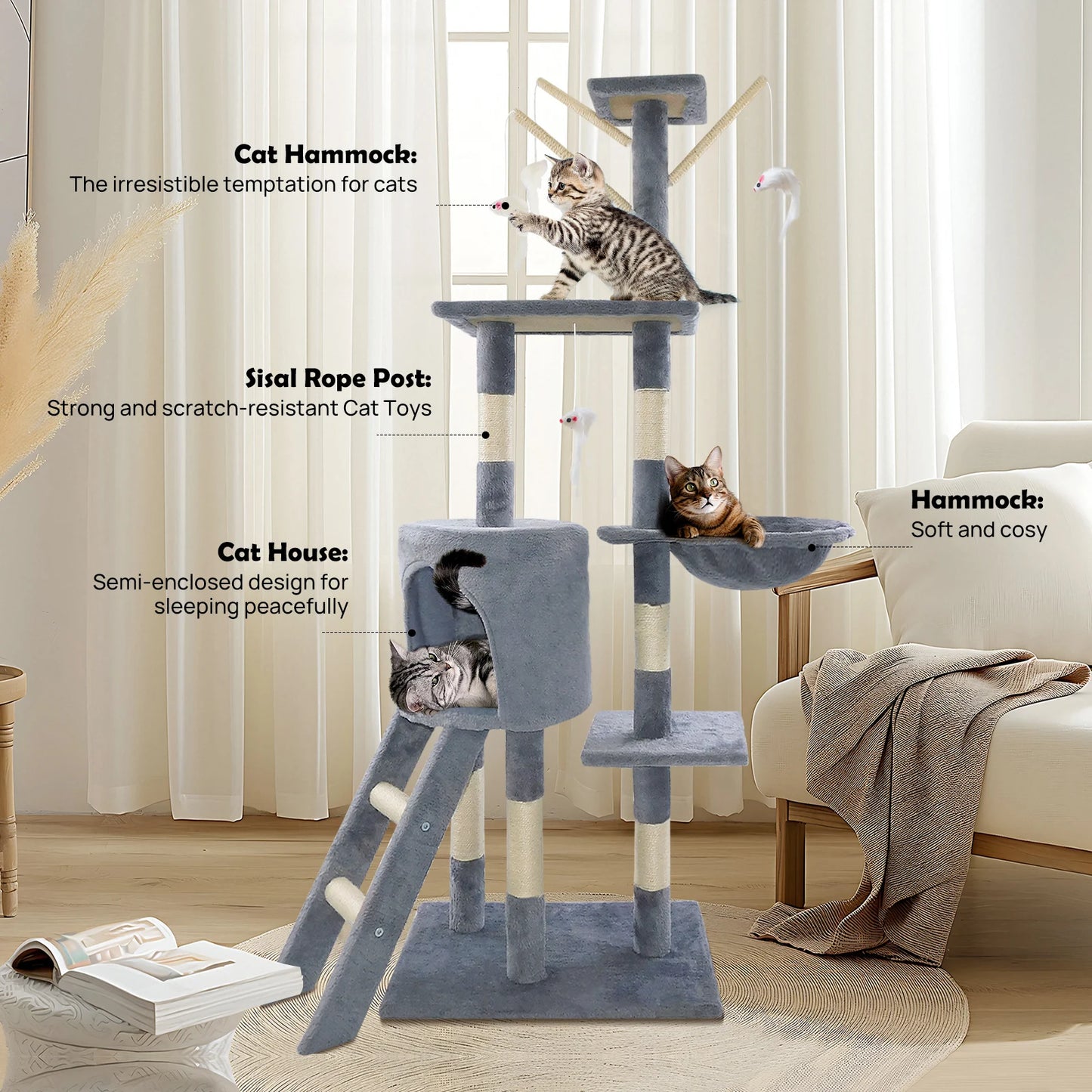 Multi-level cat climbing tower, 40/80/150 cm cat tree and climbing tower, featuring scratching panels, a felt cave and a resting area; indoor/outdoor activity centre for cats
