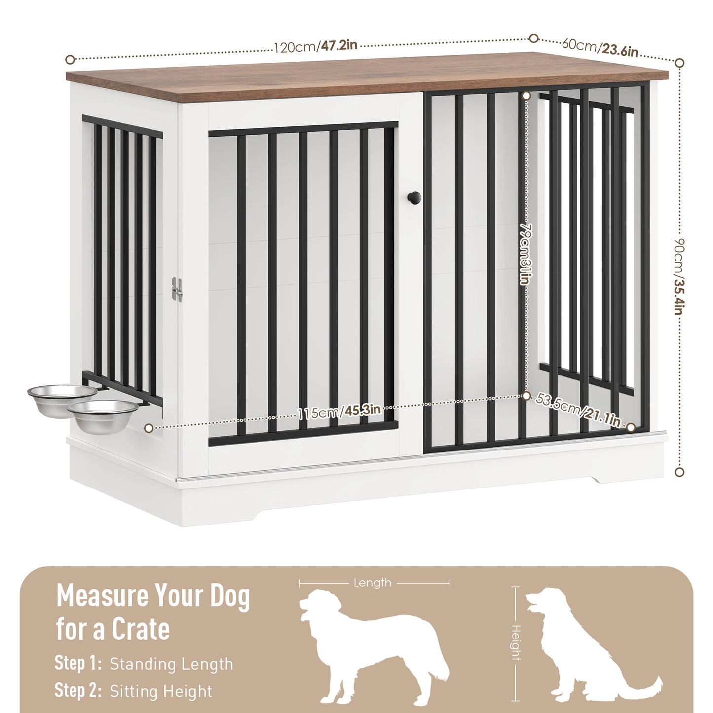 Getone dog cage, dog box for home 120 cm, dog cage XXL for home large dogs, made of metal wood 120x60x90cm White/Brown