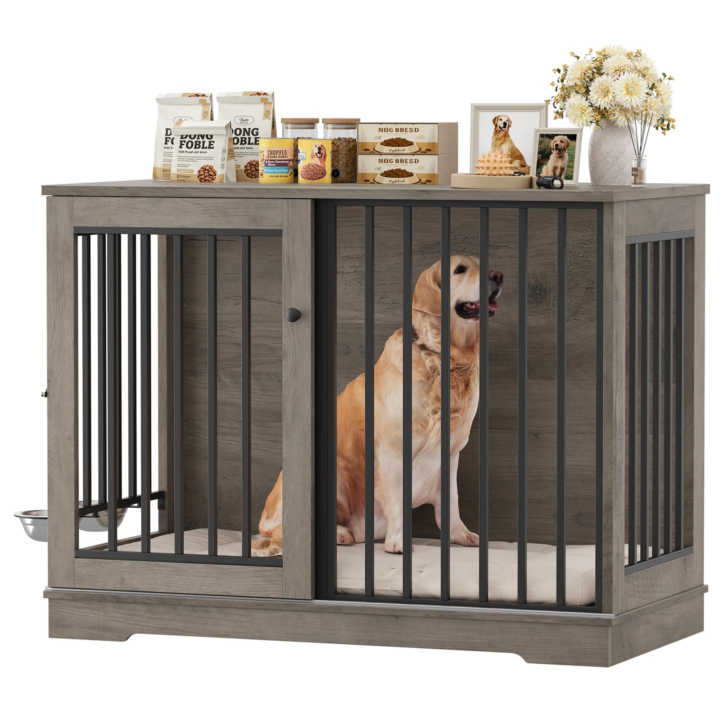 Getone dog cage, dog box for home 120 cm, dog cage XXL for home large dogs, made of metal wood 120x60x90cm White/Brown