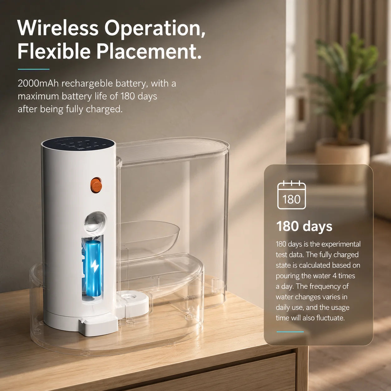 3L Smart Wireless Cat Water Fountain, No Replacement Filter, Clean & Dirty Water Separation, Automatic Pet Water Dispenser, Rechargeable Battery Operated,Ultra Long Battery Life