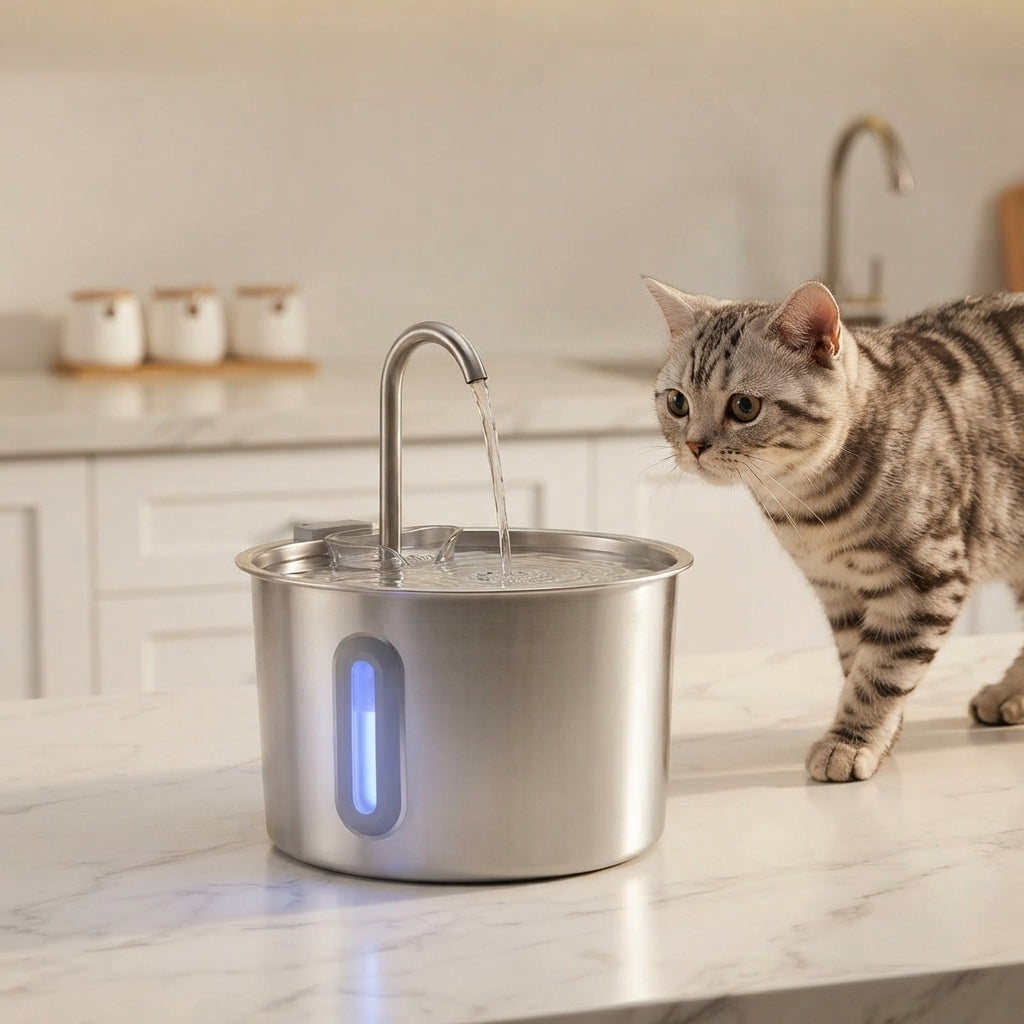 cat fountain stainless steel LED dual filter indoor & cat water fountain