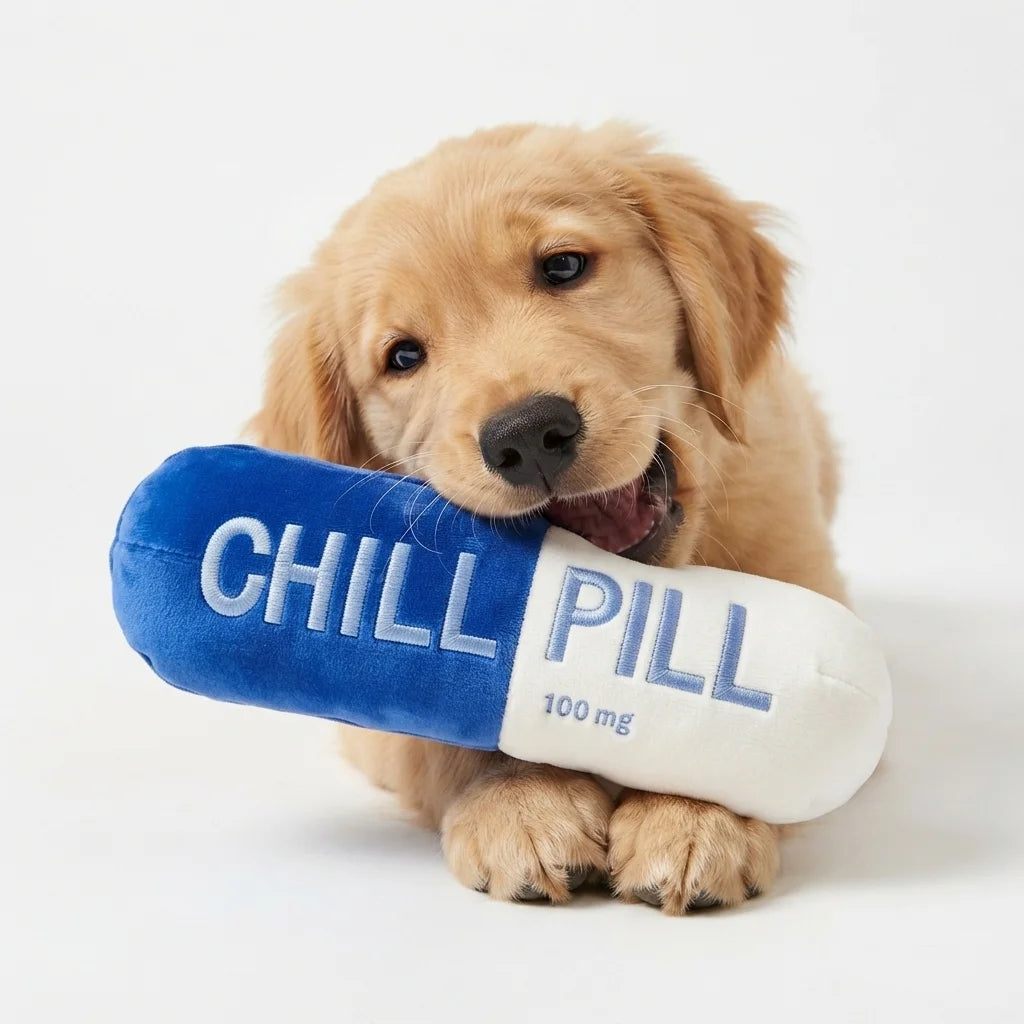 indestructible squeaky capsule pill dog chew toy safe plush dental UK