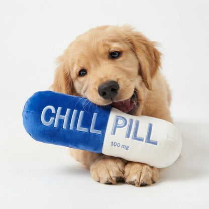 indestructible squeaky capsule pill dog chew toy safe plush dental UK