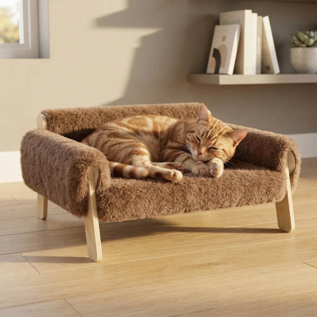 raised plush cat sofa bed wooden legs removable washable cover kitten
