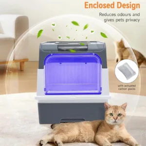 UV Sterilization Cat Litter Box Spacious Enclosed Design with Odor Control Automatic UV Lamp and Easy-Clean Drawer,Pink/Grey